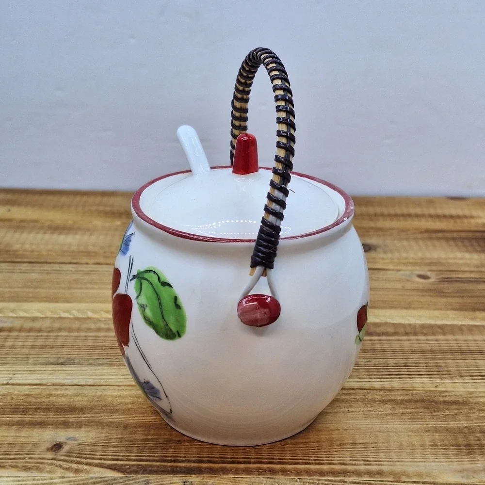 Vintage Floral‎ White sugar jelly or candy jar with wicker handle 3x4